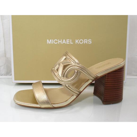 Michael Kors Alma Mid Block Heel Slide Sandal Metallic Leather Gold Size 7 - Picture 2 of 4